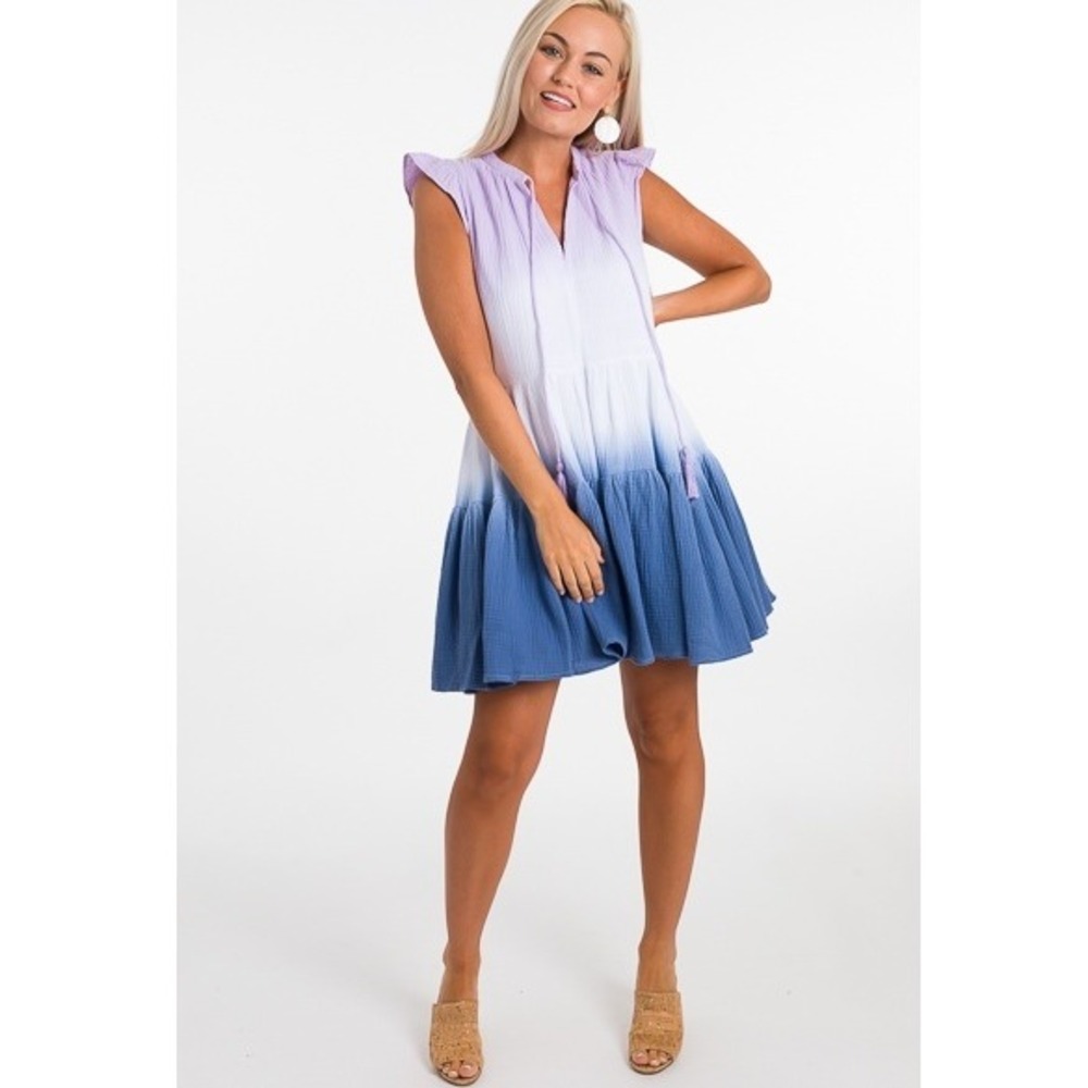 Fate Ombre Tiered Mini‎ Dress 100% Cotton Gauze Tassel Tie Size M fully lined